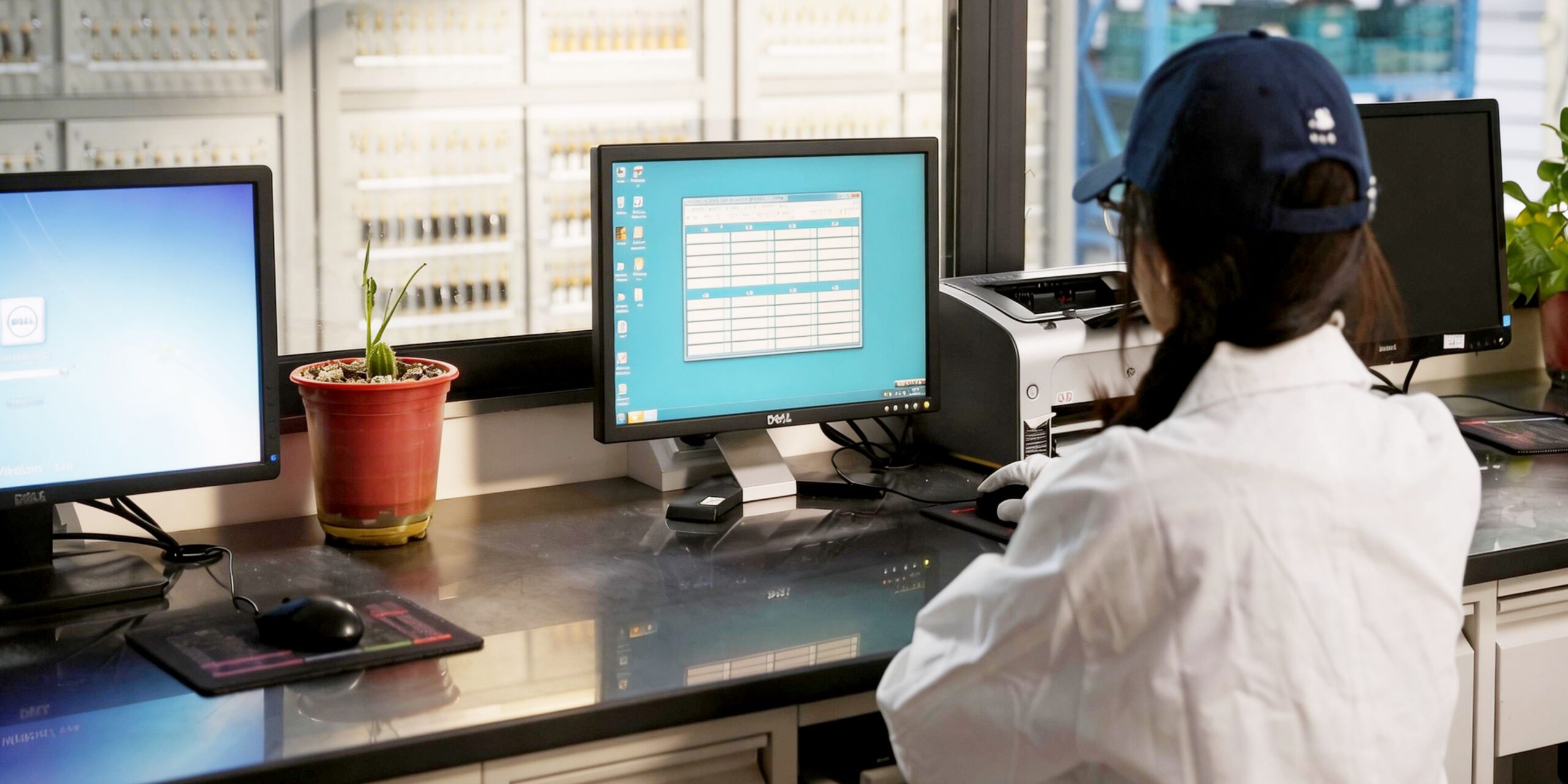 Battery quality control technician testing battery performance in laboratory environment