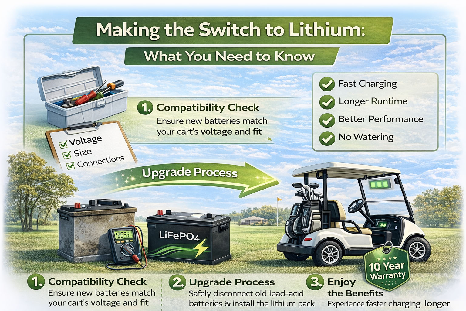 Diagram showing the golf cart lithium battery conversion process, including compatibility checks, voltage matching, battery replacement, and the upgrade from lead-acid to LiFePO4 power.