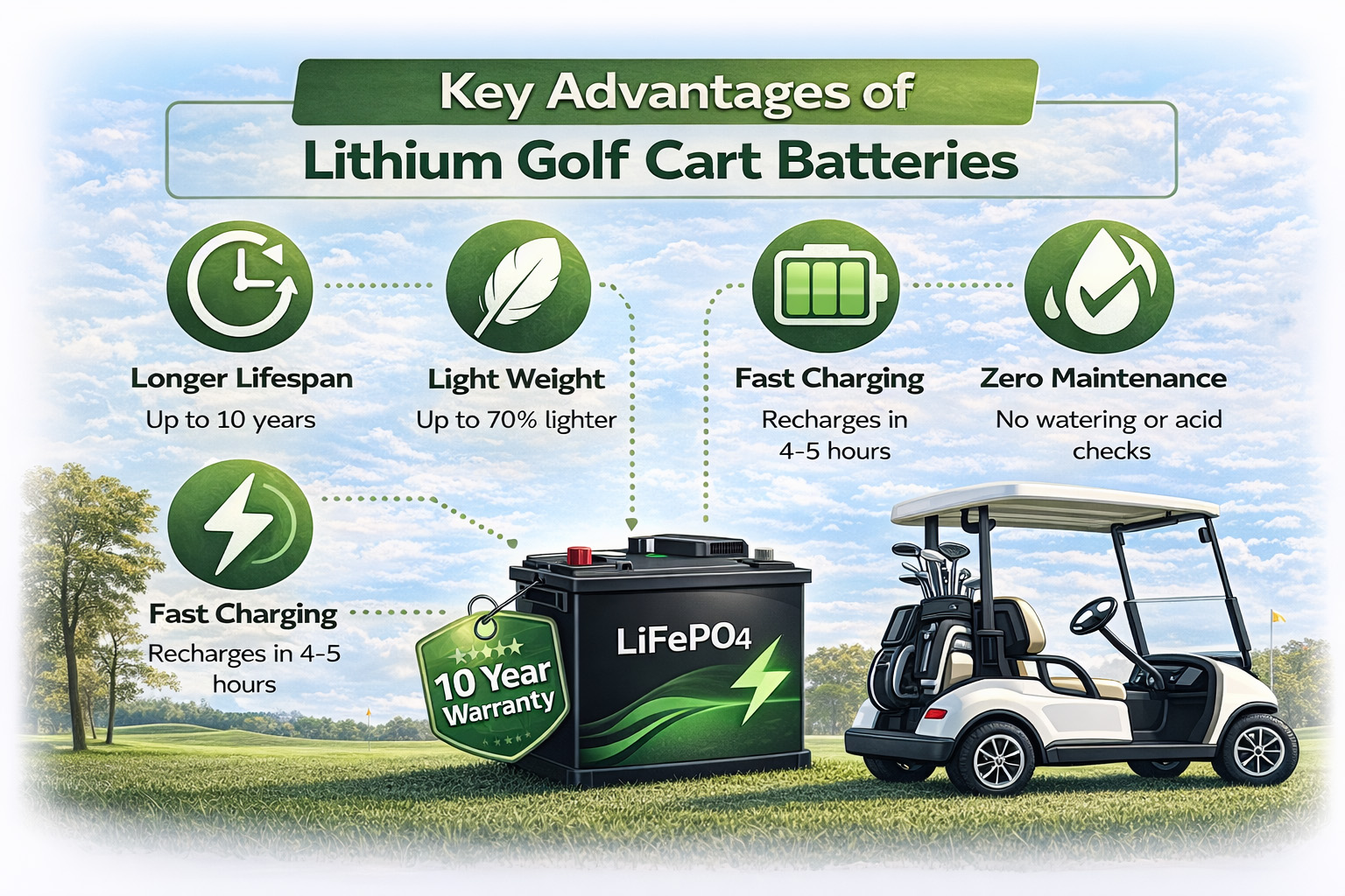 Diagram showing the key advantages of lithium golf cart batteries, including longer lifespan, lighter weight, faster charging, consistent power delivery, and low maintenance in a golf cart application.