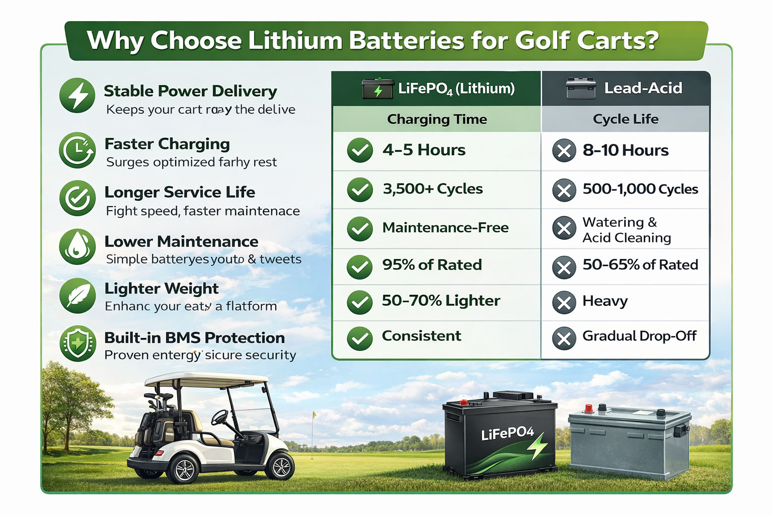 Why choose lithium batteries for golf carts comparison infographic