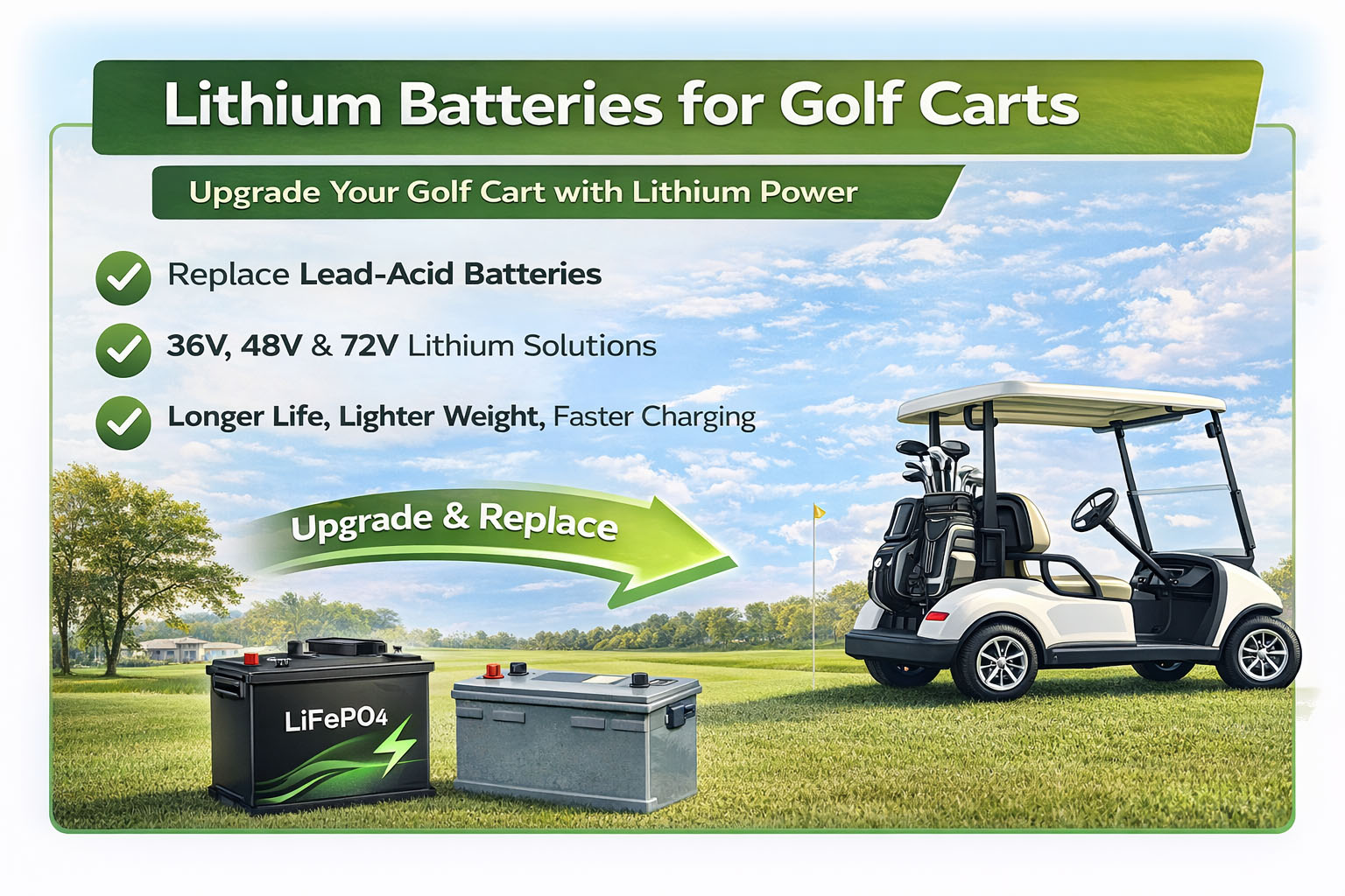 Golf cart lithium battery upgrade hero image showing a golf cart on a green course with modern LiFePO4 battery solutions designed for golf cart replacement and performance improvement.