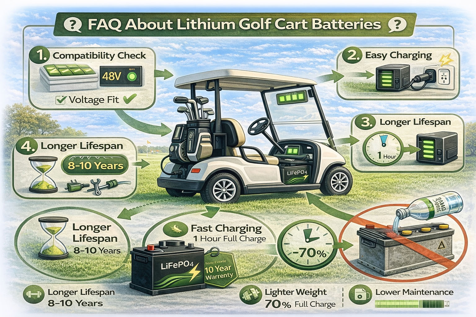 Schematic-style infographic showing common lithium golf cart battery questions and usage points, including voltage compatibility, charging, lifespan, lighter weight, and lower maintenance around a golf cart application.