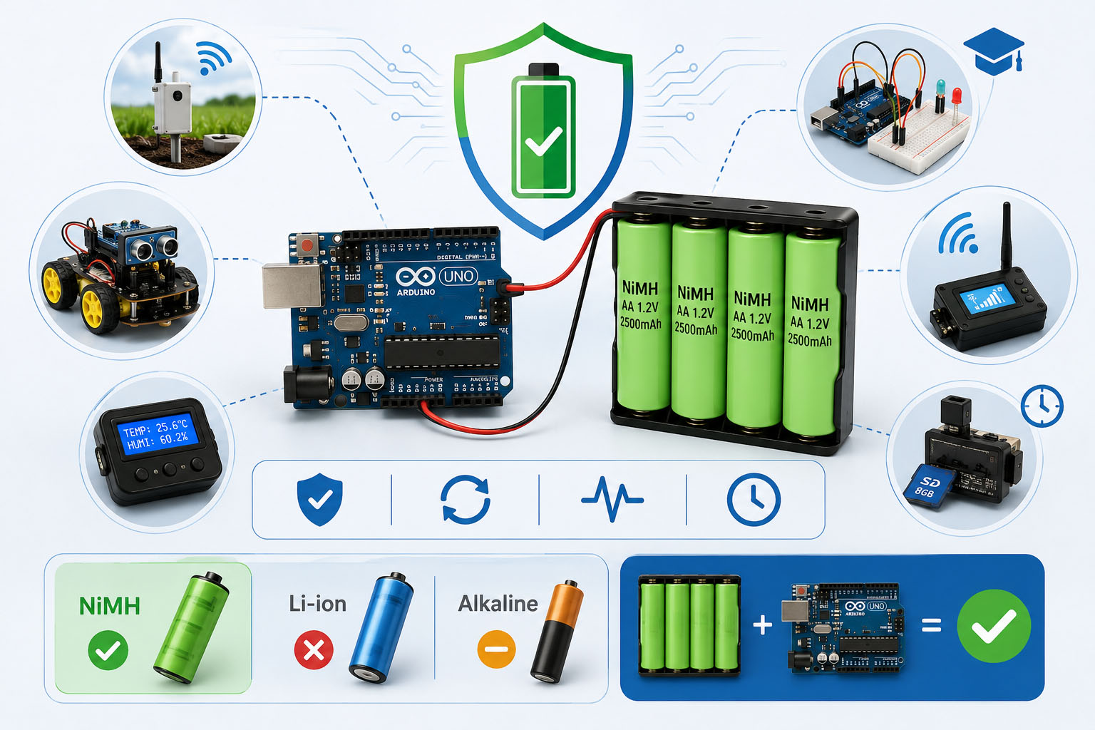 Arduino NiMH Battery Power Stability Guide Arduino powered by NiMH rechargeable batteries for stable operation