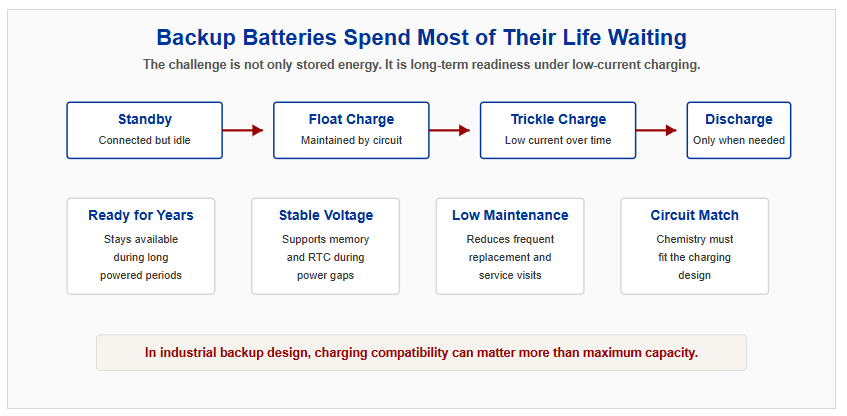 Backup batteries spend most of their life waiting under standby, float charge, and trickle charge conditions