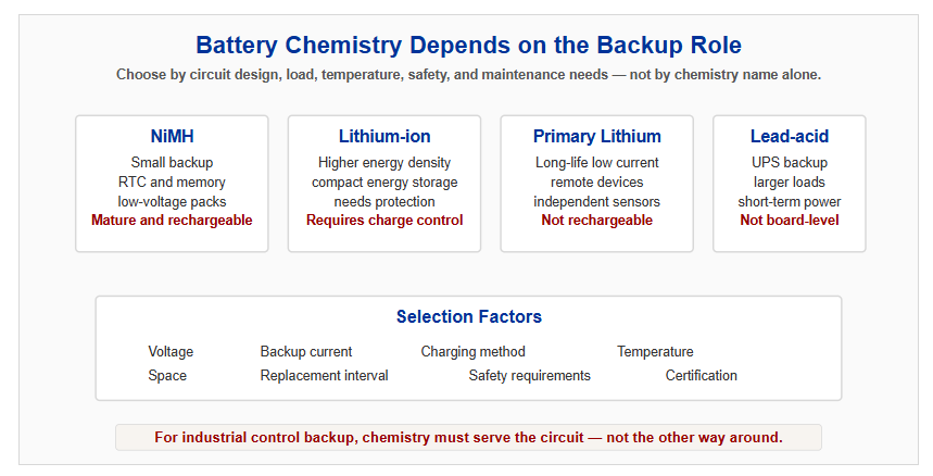 Battery chemistry selection for industrial control backup systems