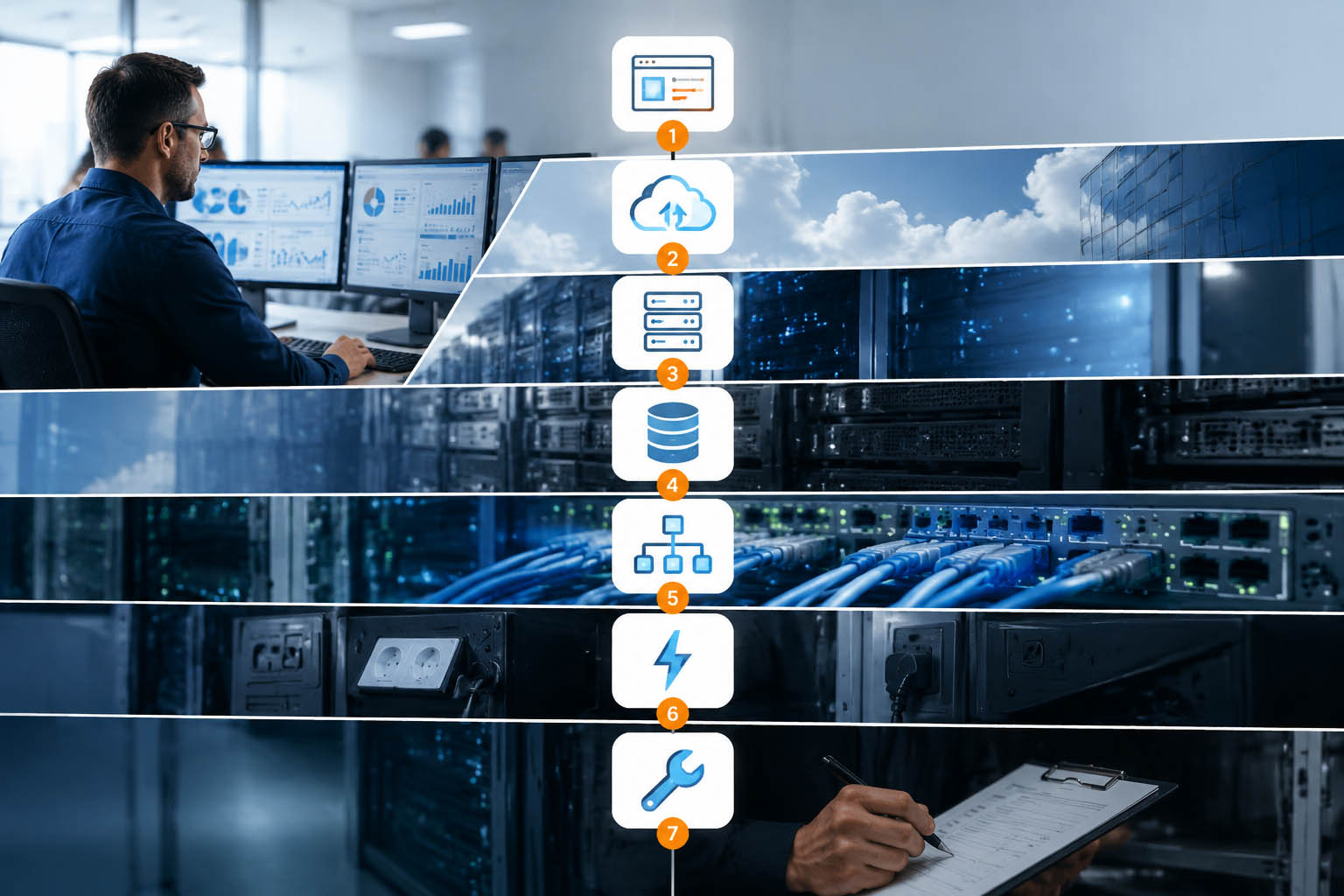 Business technology stack showing software, cloud, servers, storage, network, power reliability and maintenance