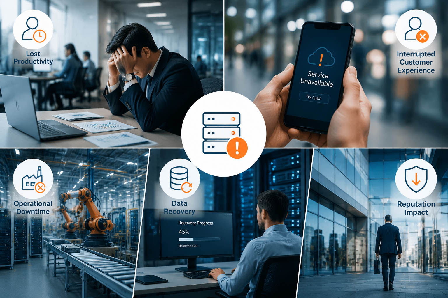 Business impact of unreliable IT infrastructure including productivity loss, downtime, customer disruption and data recovery