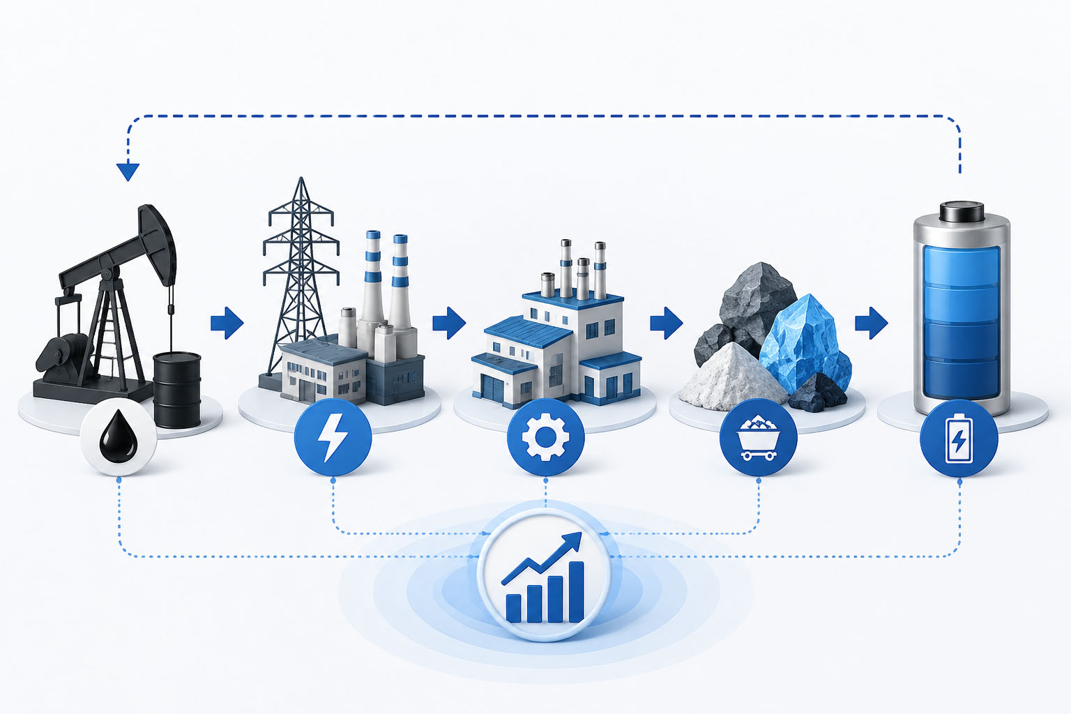 Oil price impact on battery cost flow from energy to manufacturing and materials