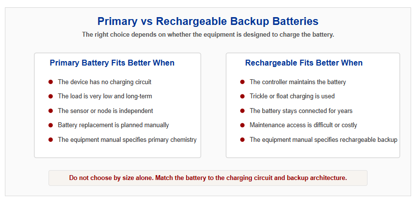 Primary vs rechargeable backup batteries for industrial control systems