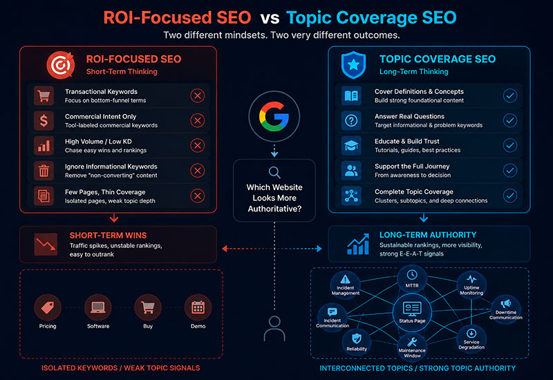 Comparison between ROI-focused keyword research and topical authority SEO showing how complete topic coverage builds expertise, E-E-A-T, and long-term search visibility