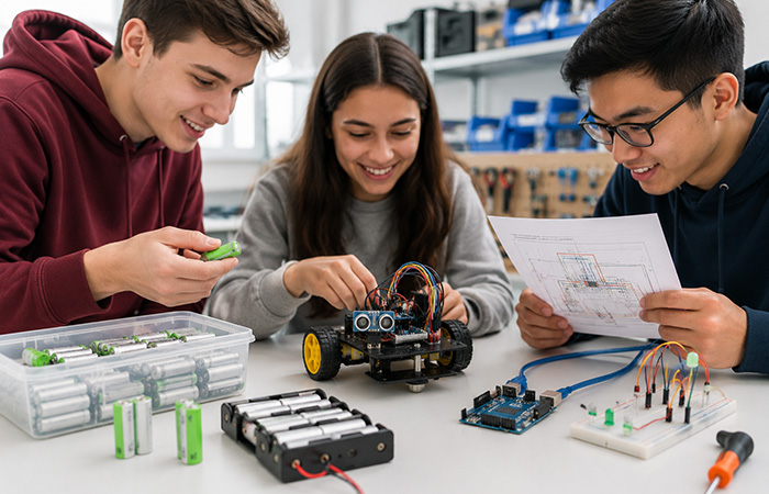 Engineering students choosing NiMH rechargeable batteries for Arduino projects, robotics kits, and STEM prototypes