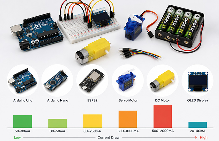 Arduino power requirements showing current draw of Arduino boards, servo motors, DC motors, OLED displays, and embedded system components