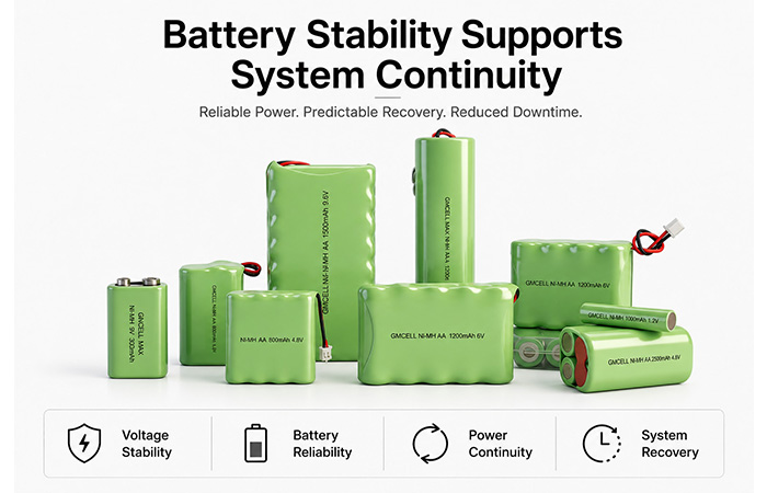 Battery stability in industrial power systems showing voltage stability, battery reliability, and power continuity