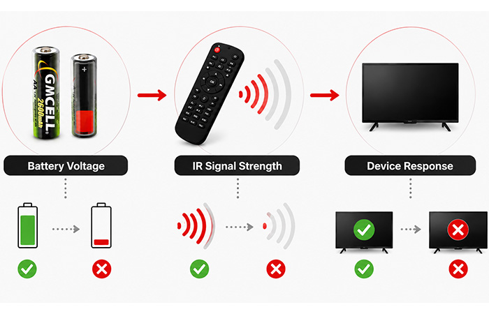 Battery voltage infrared signal strength and device response diagram for universal remote troubleshooting