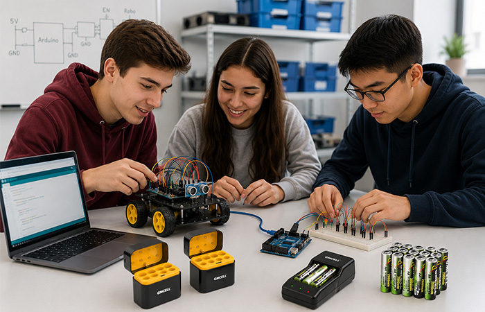 Engineering students using Arduino boards, robots, battery packs and rechargeable NiMH batteries in STEM projects