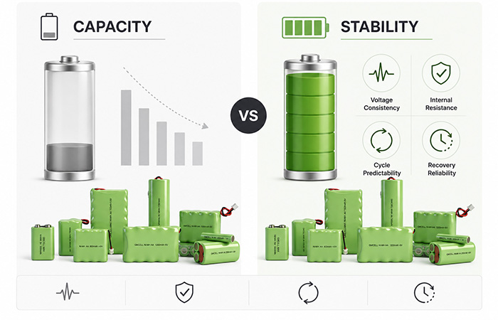Capacity vs stability in industrial battery systems showing voltage consistency, internal resistance, cycle predictability, and recovery reliability
