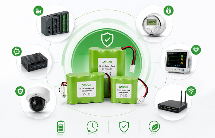 GMCell NiMH battery packs used in embedded applications such as smart meters, medical devices, IoT gateways, and industrial controllers