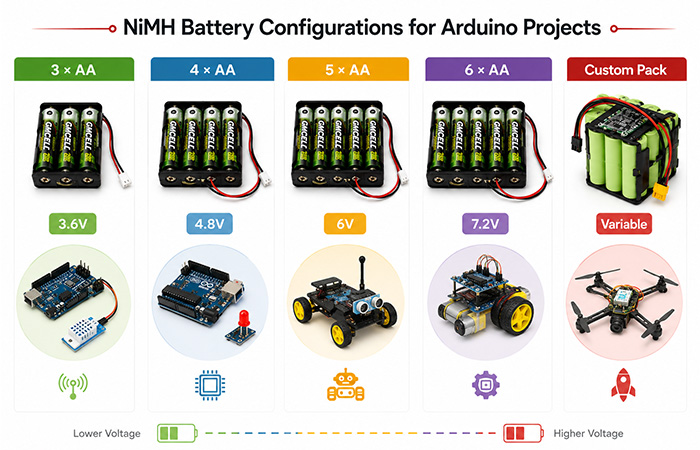 Comparison of 3AA, 4AA, 5AA, 6AA and custom NiMH battery pack configurations for Arduino projects and robotics applications