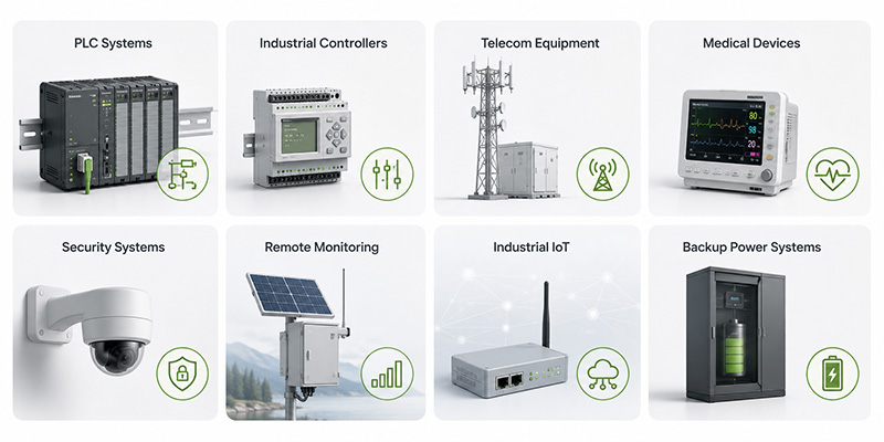 Industrial applications that depend on battery stability including PLC systems, telecom equipment, medical devices, security systems, and industrial IoT