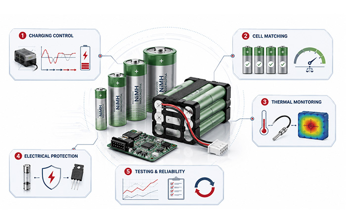 Industrial NiMH battery engineering showing charging control, matched cells, thermal monitoring, protection components, diagnostics and manufacturing quality