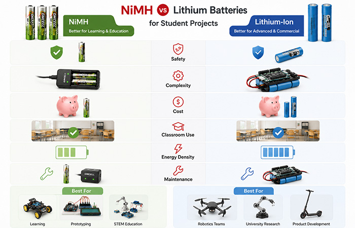 Visual comparison of NiMH and lithium batteries for Arduino student projects, STEM education, robotics and commercial product development