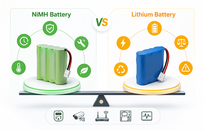 NiMH and lithium batteries compared for embedded devices based on safety reliability service life and maintenance needs