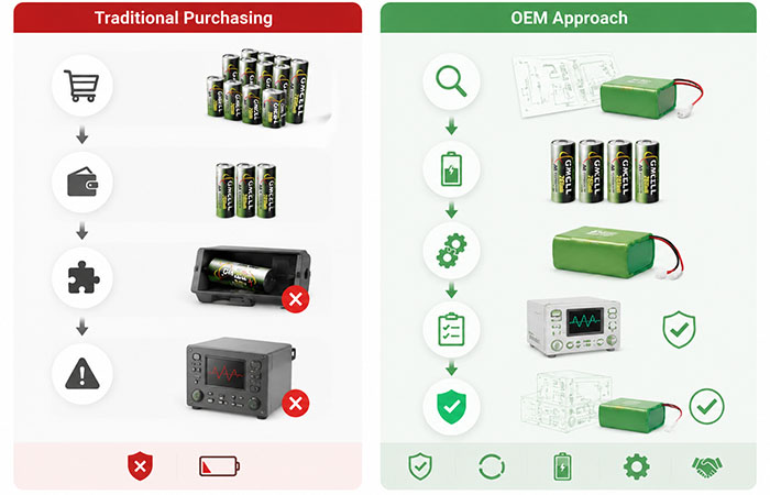 Traditional battery purchasing compared with OEM battery design approach for reliable applications
