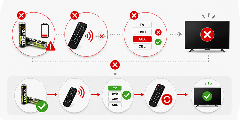 Universal remote codes troubleshooting flow showing battery signal device mode and response problems