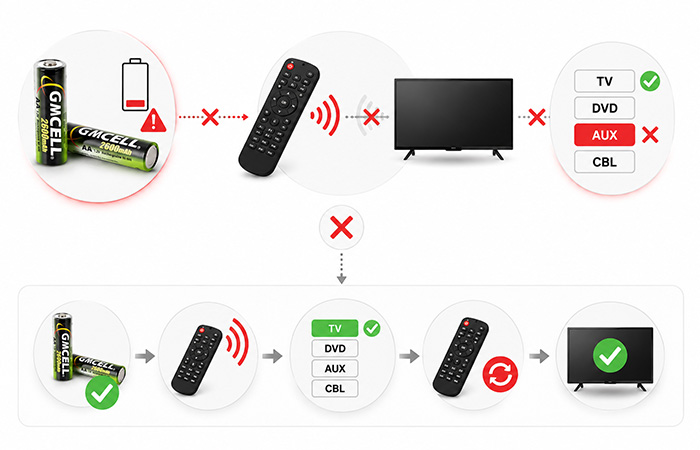 Universal remote codes not working troubleshooting guide showing batteries, infrared signal, device mode, and auto code search