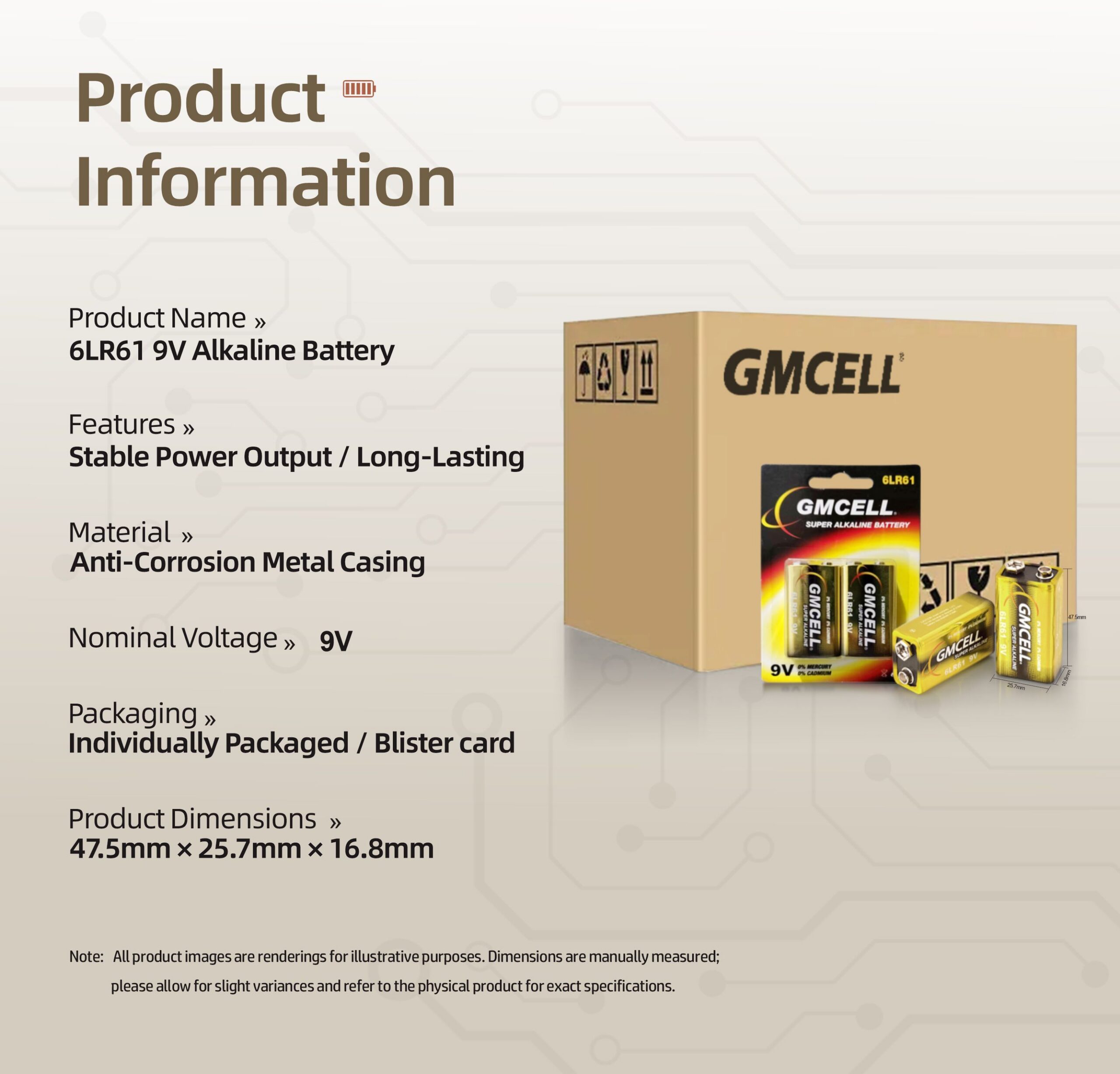 GMCELL 6LR61 9V alkaline battery product and packaging information